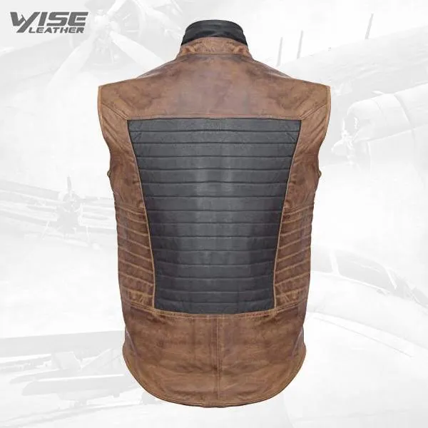 Men's Black and Brown Leather Puffer Waistcoat