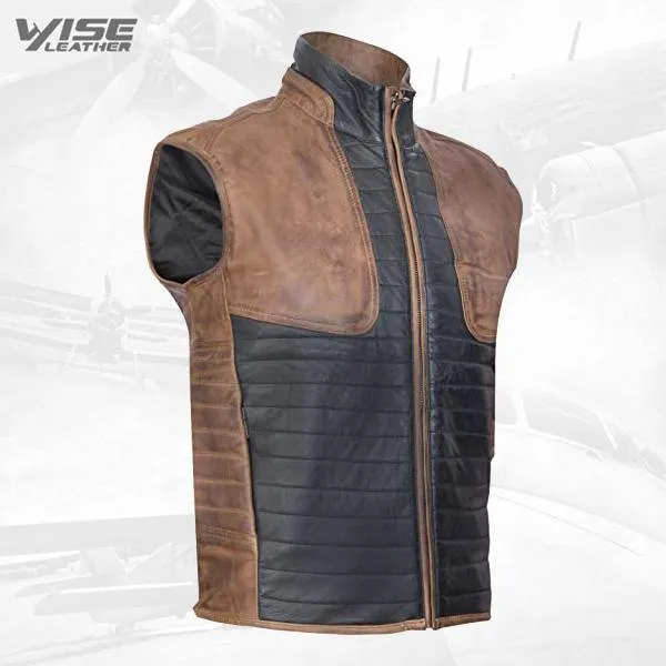 Men's Black and Brown Leather Puffer Waistcoat