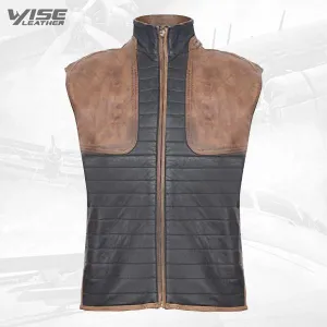 Men's Black and Brown Leather Puffer Waistcoat