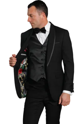 Men's Black Tuxedo Slim-Fit Single Breast One Buttons Vested and Bowtie