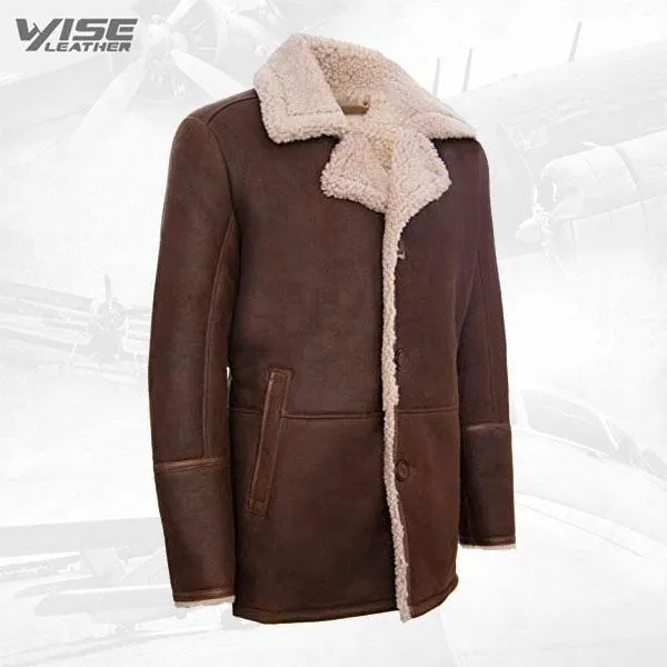 Men's Classic German Brown Real Sheepskin Shearling Cromby Leather Coat