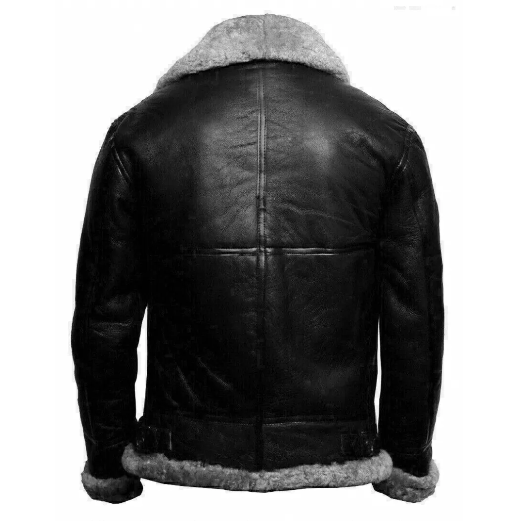 Mens RAF Aviator B3 Bomber Black Leather Shearling Jacket