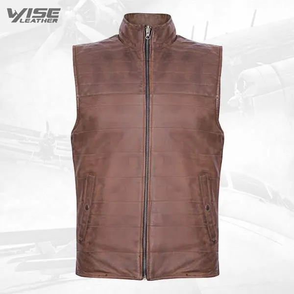 Men's Reversible Brown Leather Puffer Waistcoat