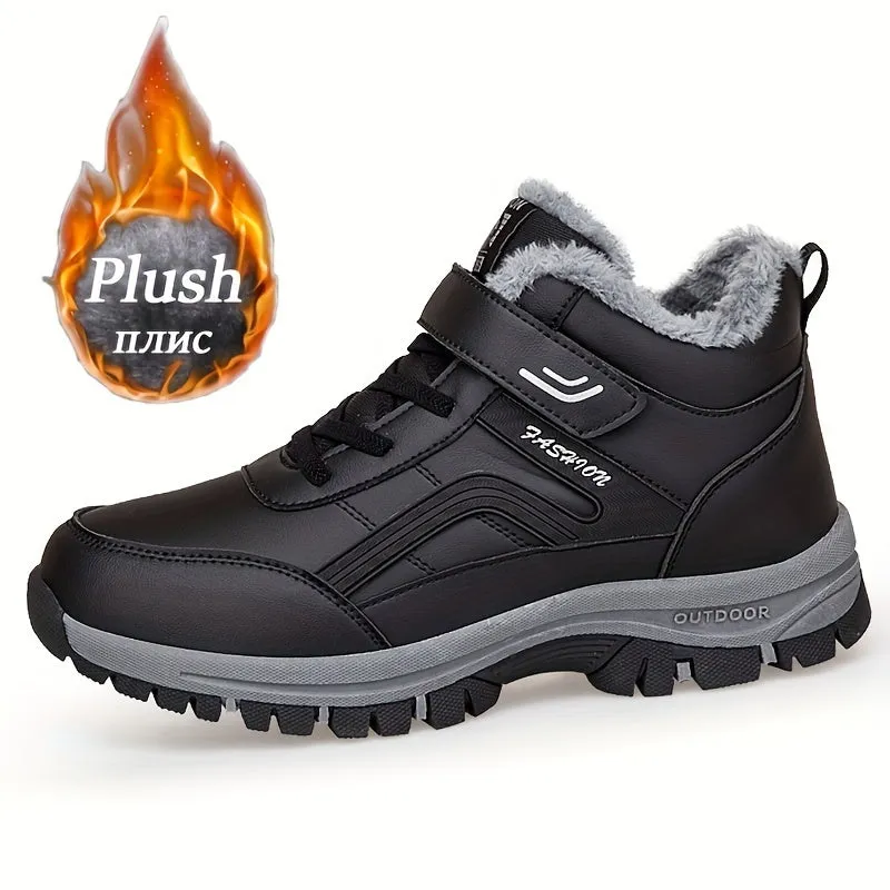 Men's Solid Snow Boots With Warm Plush Lining, Comfy Non Slip Casual Shoes For Men's Outdoor Activities