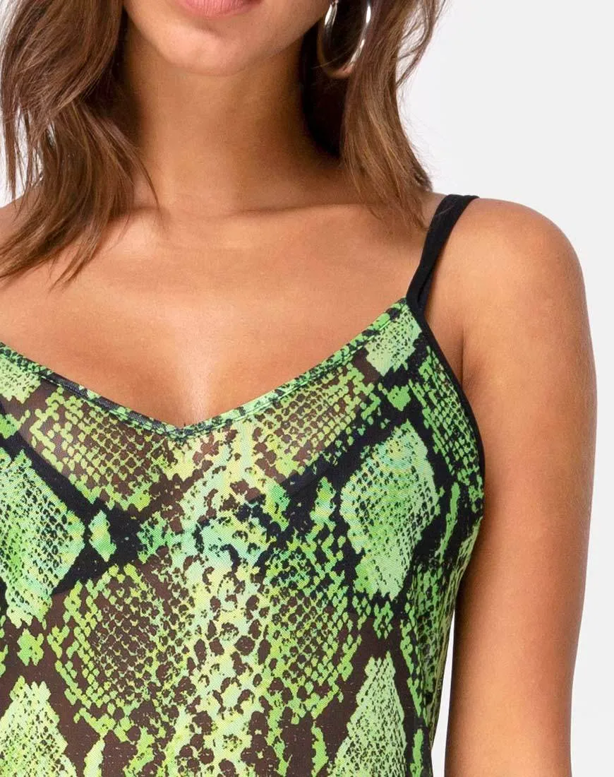 Midnight Midi Dress in Slime Lime Snake Mesh