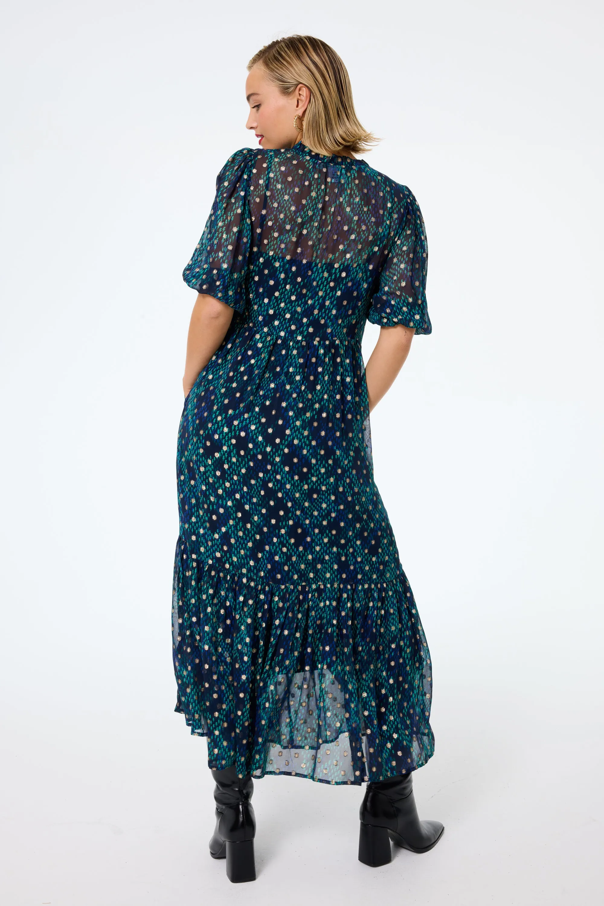 Midnight with Teal Snake Print Chiffon Tiered Maxi Dress