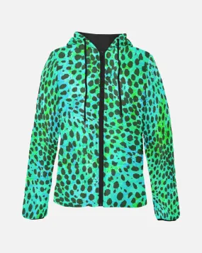 Neon Green Leopard Print Womens Hooded Puffer Jacket