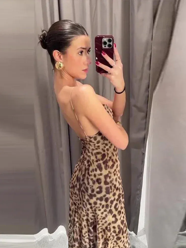 New Leopard Print Sling Maxi Dress For Women Summer Elegant Backless Sleeveless Slip Long Dress Female Sexy Party Vestidos