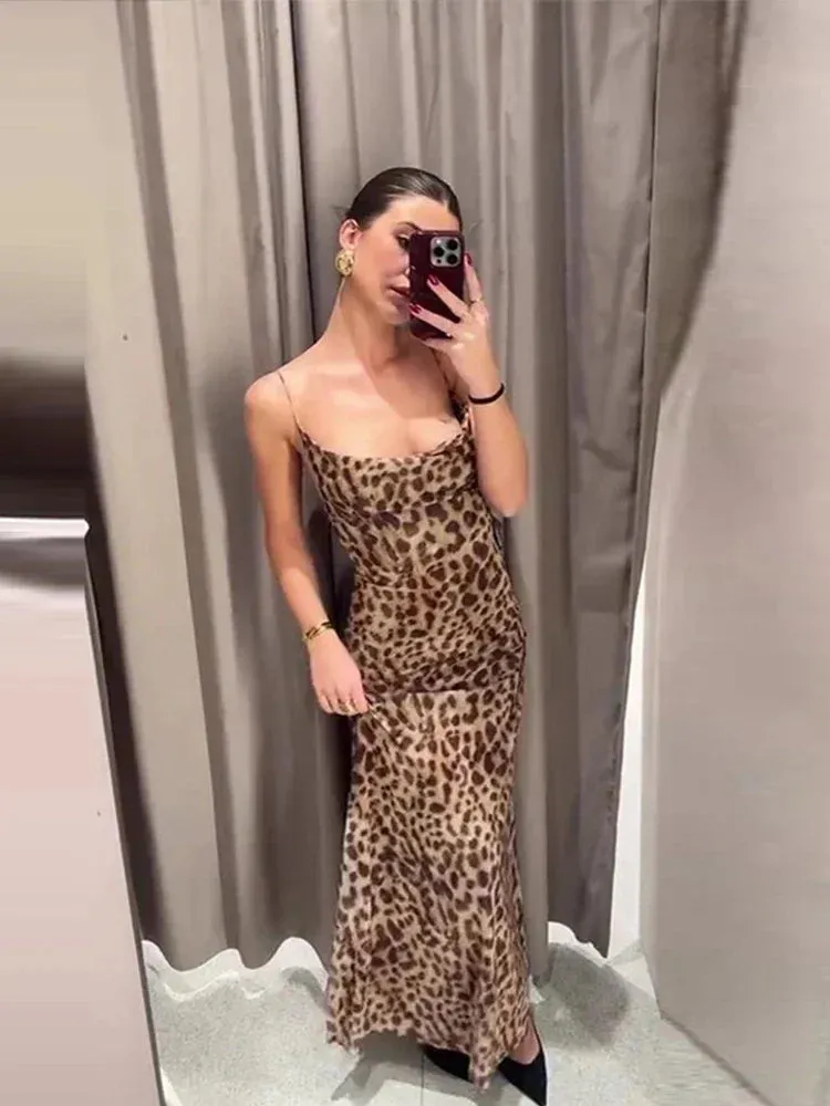 New Leopard Print Sling Maxi Dress For Women Summer Elegant Backless Sleeveless Slip Long Dress Female Sexy Party Vestidos