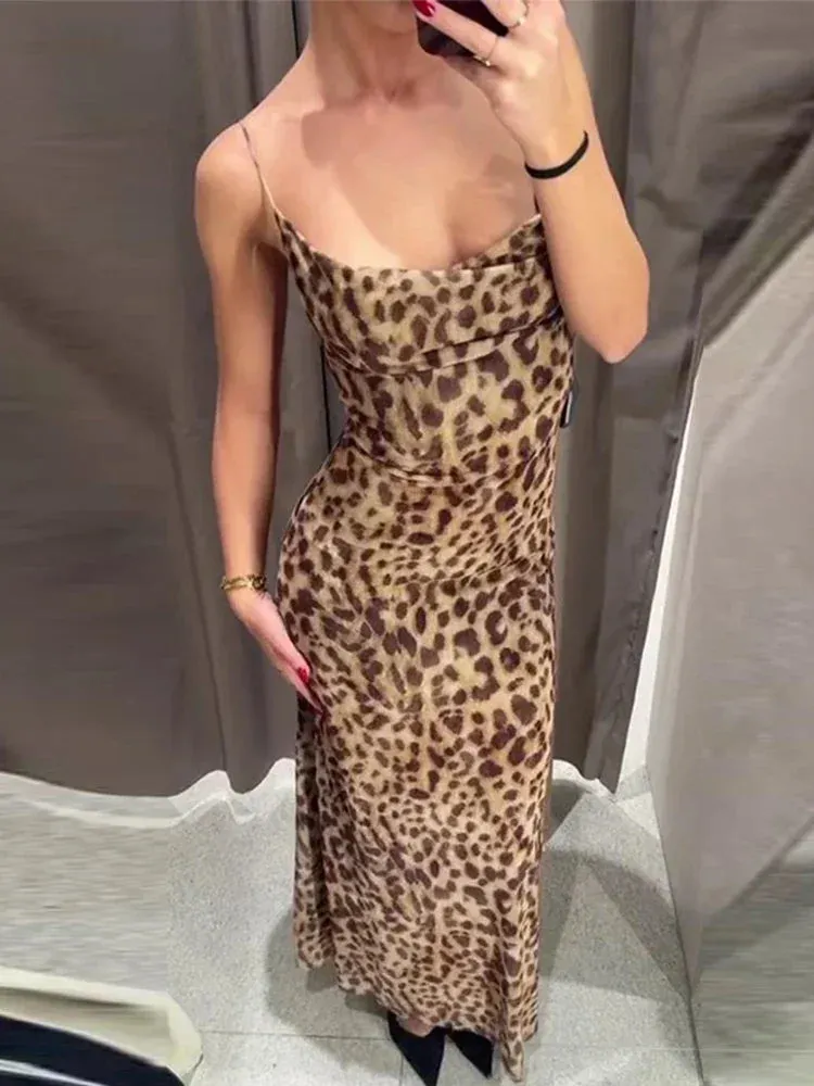 New Leopard Print Sling Maxi Dress For Women Summer Elegant Backless Sleeveless Slip Long Dress Female Sexy Party Vestidos