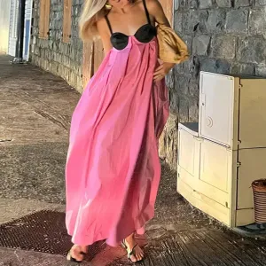 Pink Backless Sleeveless Loose Slip Panelled Bandage Maxi Dress