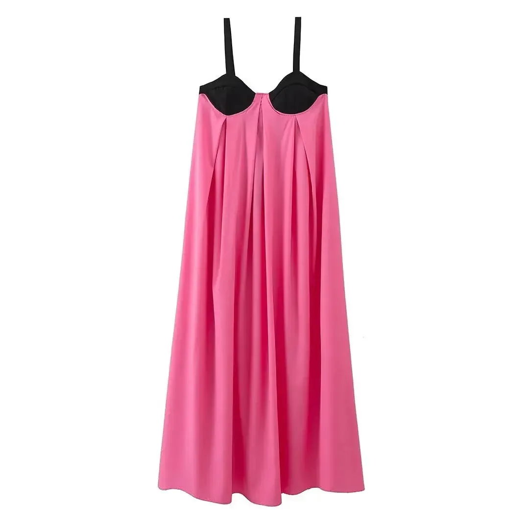 Pink Backless Sleeveless Loose Slip Panelled Bandage Maxi Dress