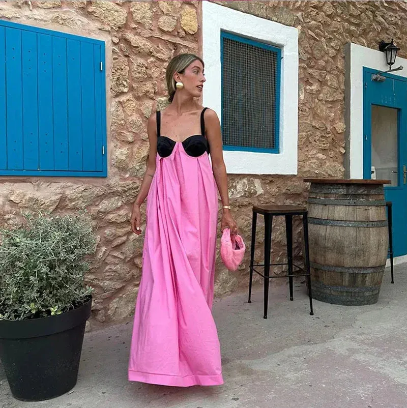 Pink Backless Sleeveless Loose Slip Panelled Bandage Maxi Dress