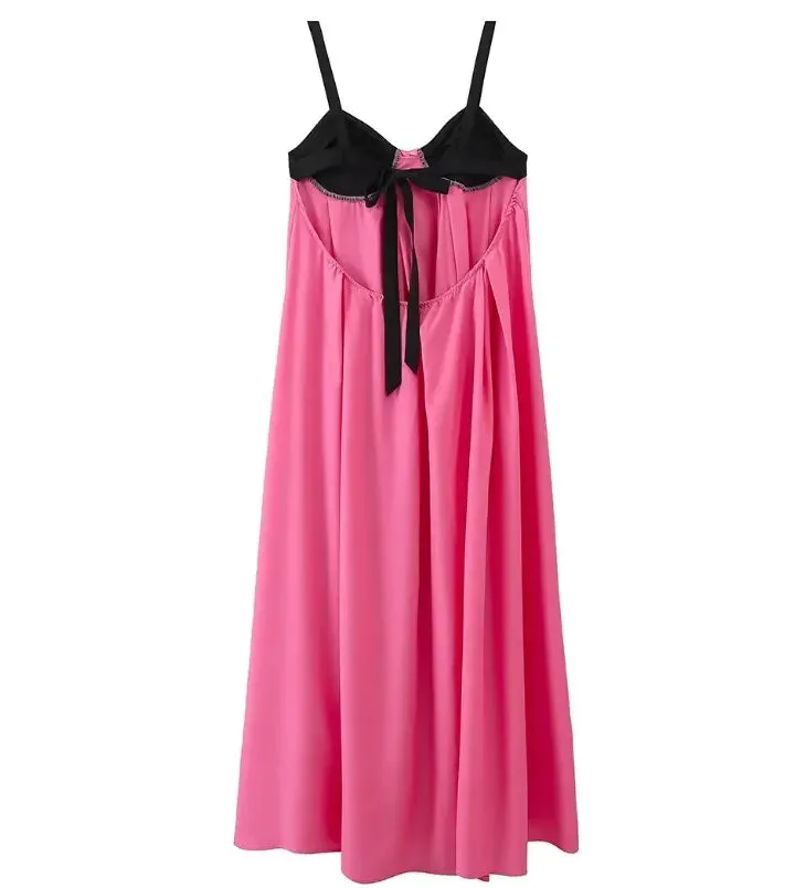 Pink Backless Sleeveless Loose Slip Panelled Bandage Maxi Dress