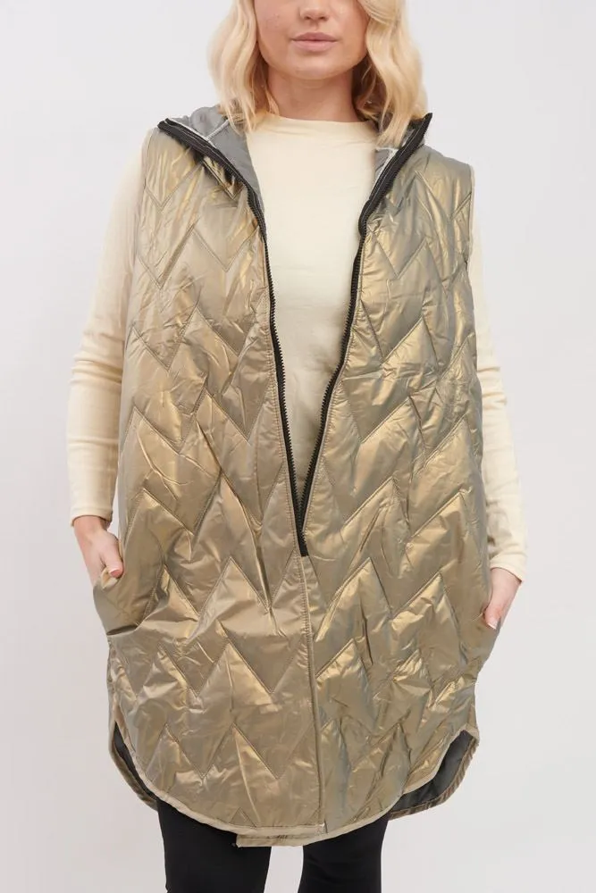 Plain Quilted Zip Up Dipped Hem Gilet