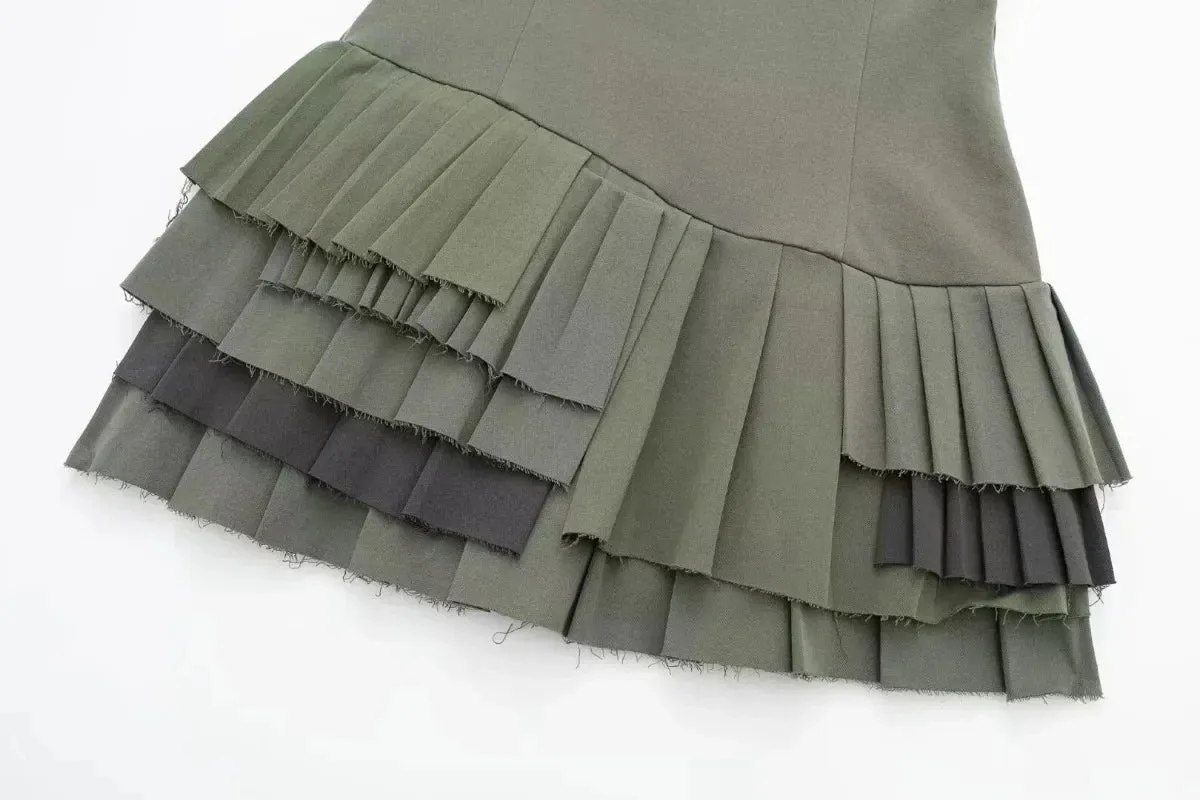 Pleated 2024 Slip Square Elegant Sleeveless Collar Summer Spring Pitch Fashion Green Dress