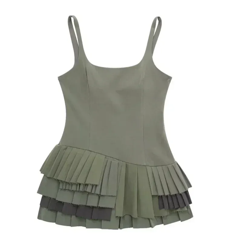 Pleated 2024 Slip Square Elegant Sleeveless Collar Summer Spring Pitch Fashion Green Dress