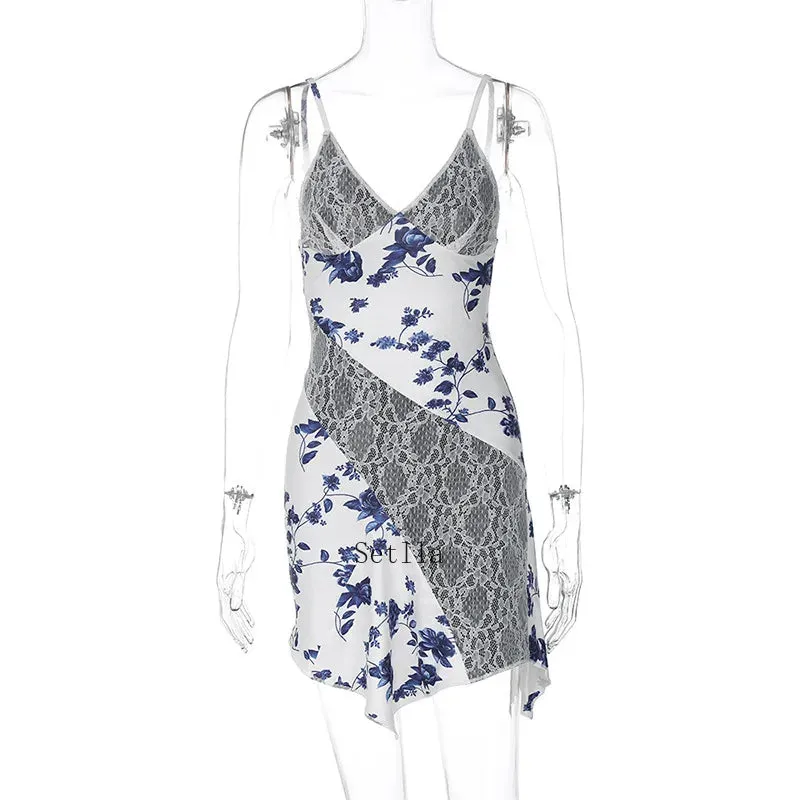 Printed Sexy Slip Mini Dress with Lace Detail