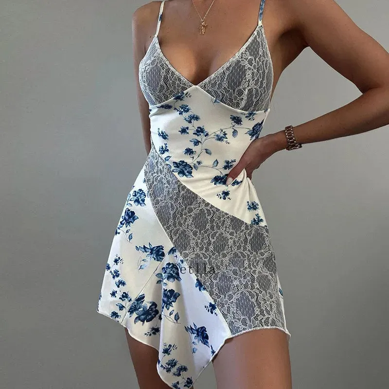 Printed Sexy Slip Mini Dress with Lace Detail