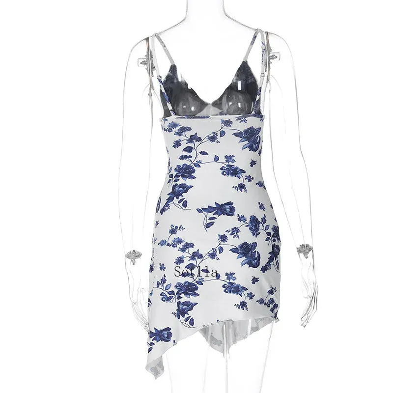 Printed Sexy Slip Mini Dress with Lace Detail