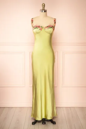 Ramona Green | Slip Dress w/ Floral Embroidery