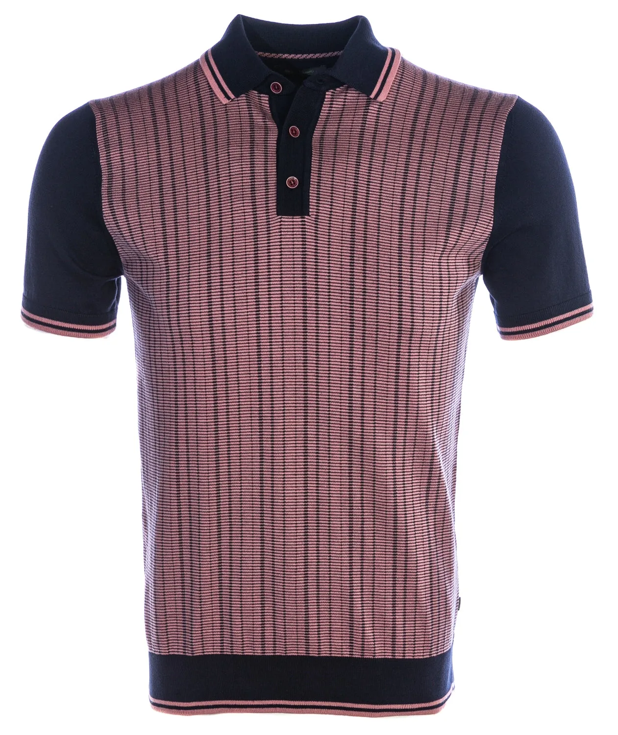 Remus Uomo Abstract Stripe Front Knitted Polo Shirt in Navy & Pink