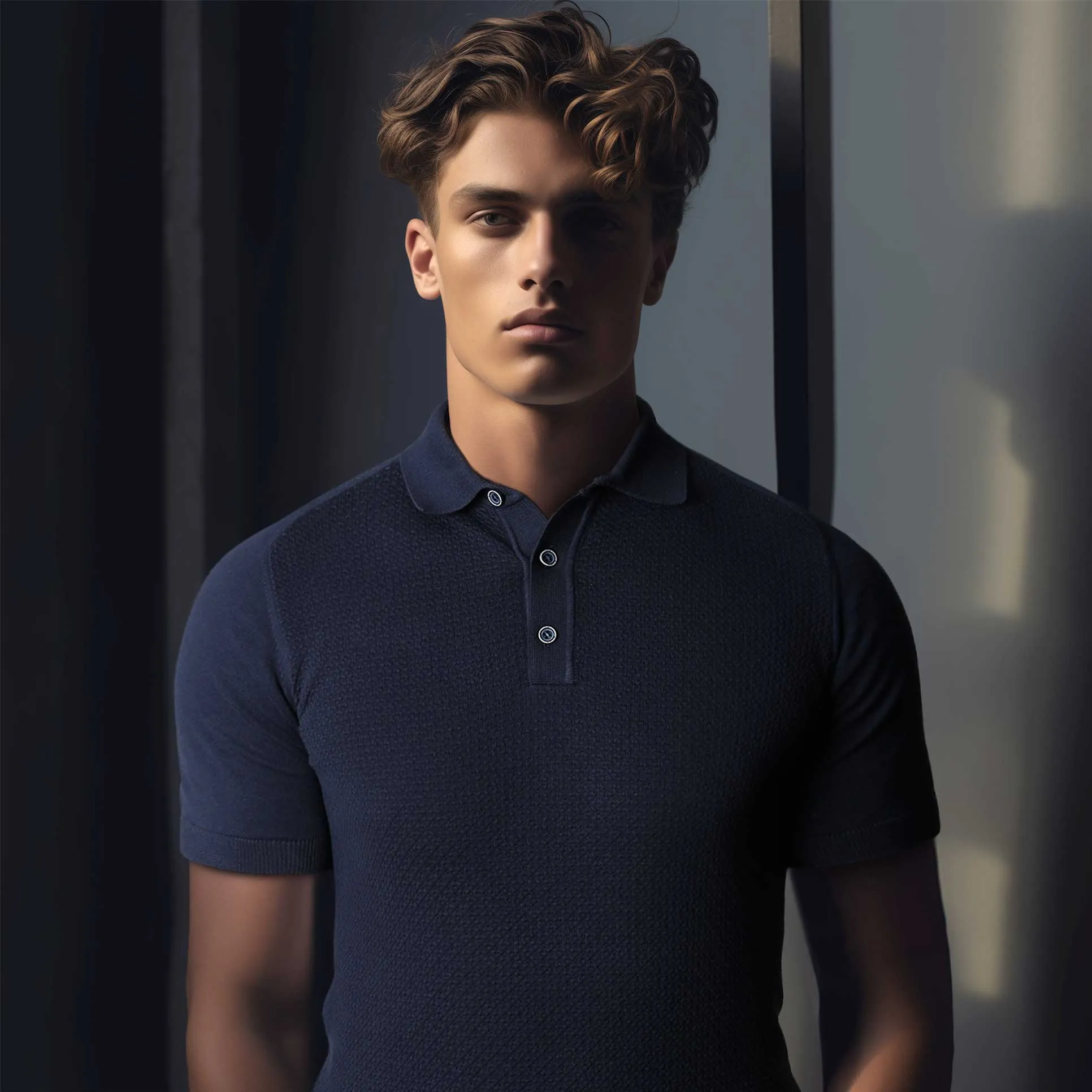 Remus Uomo Waffle Knitted Polo Shirt in Navy