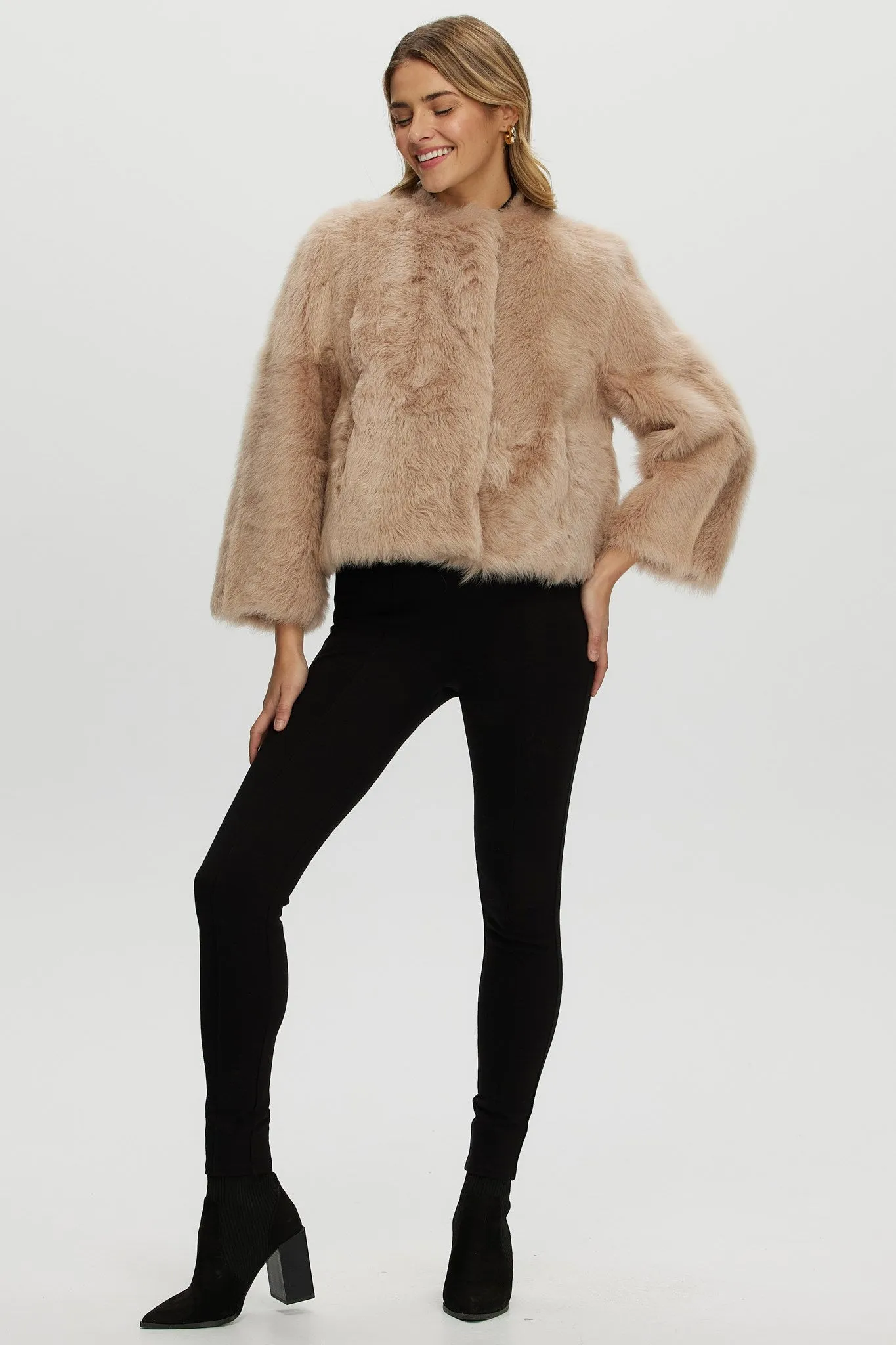 Reversible Collarless Toscana Shearling Lamb Jacket with 3/4 Sleeves