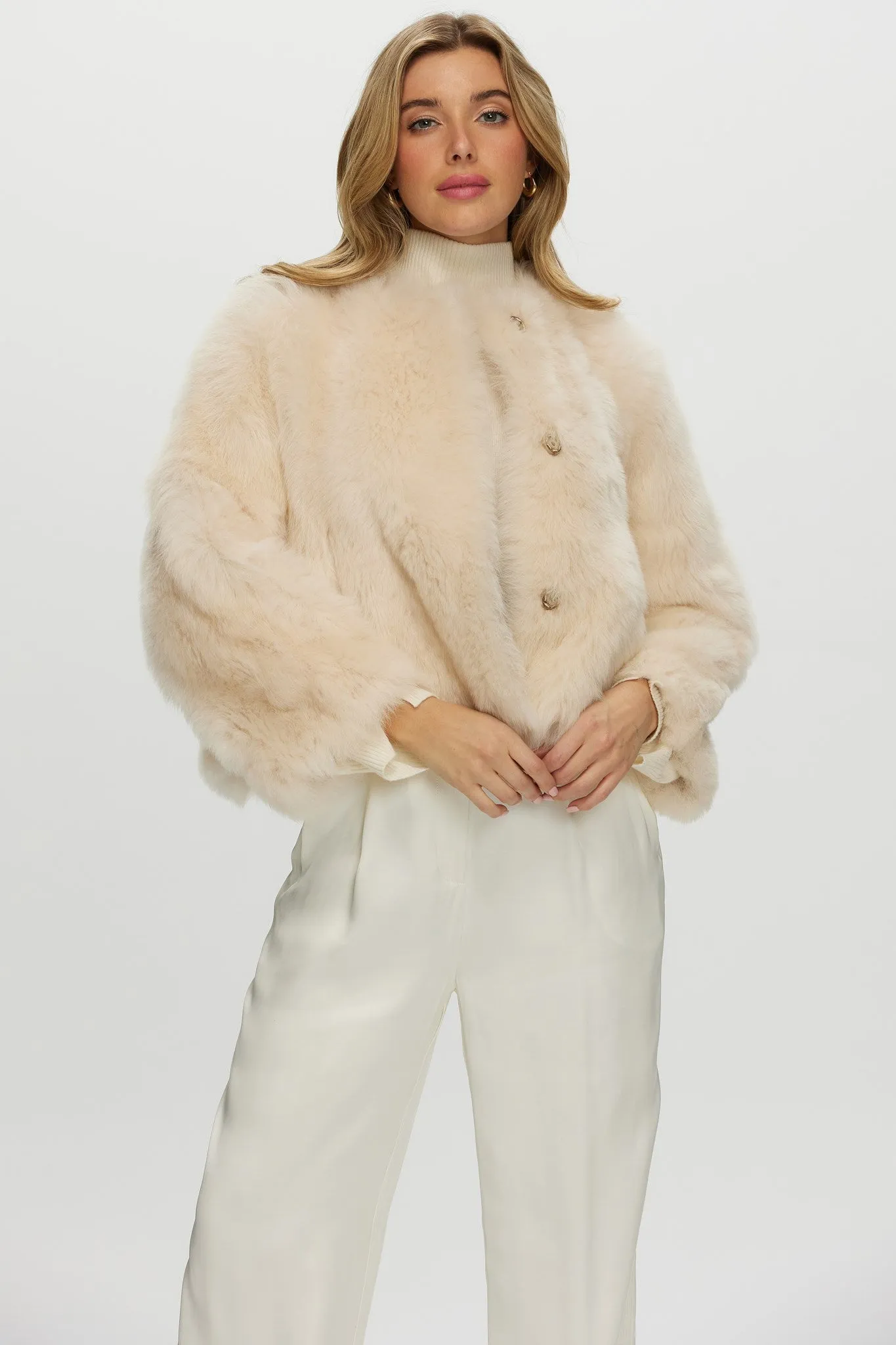 Reversible Collarless Toscana Shearling Lamb Jacket with 3/4 Sleeves