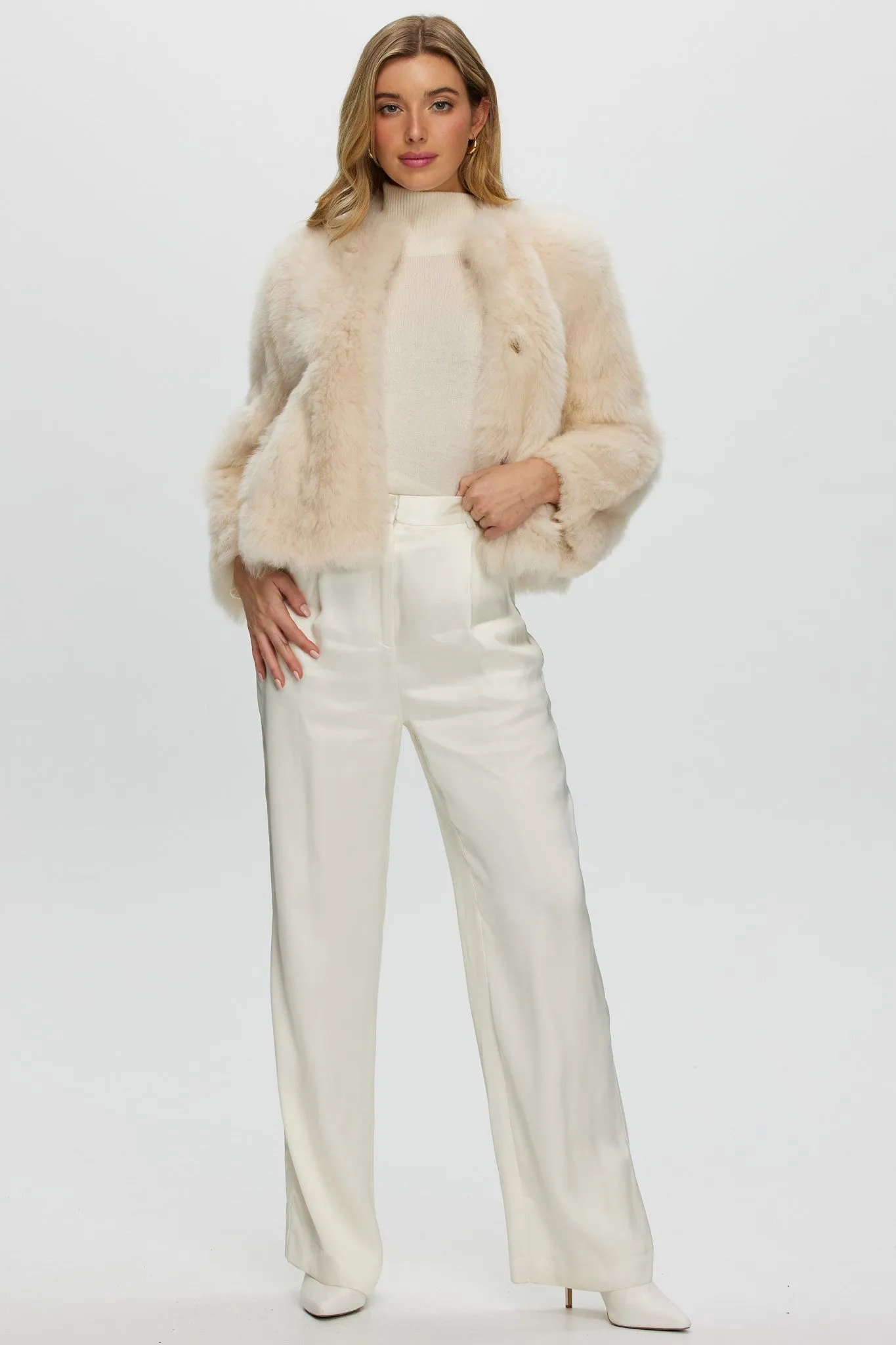 Reversible Collarless Toscana Shearling Lamb Jacket with 3/4 Sleeves