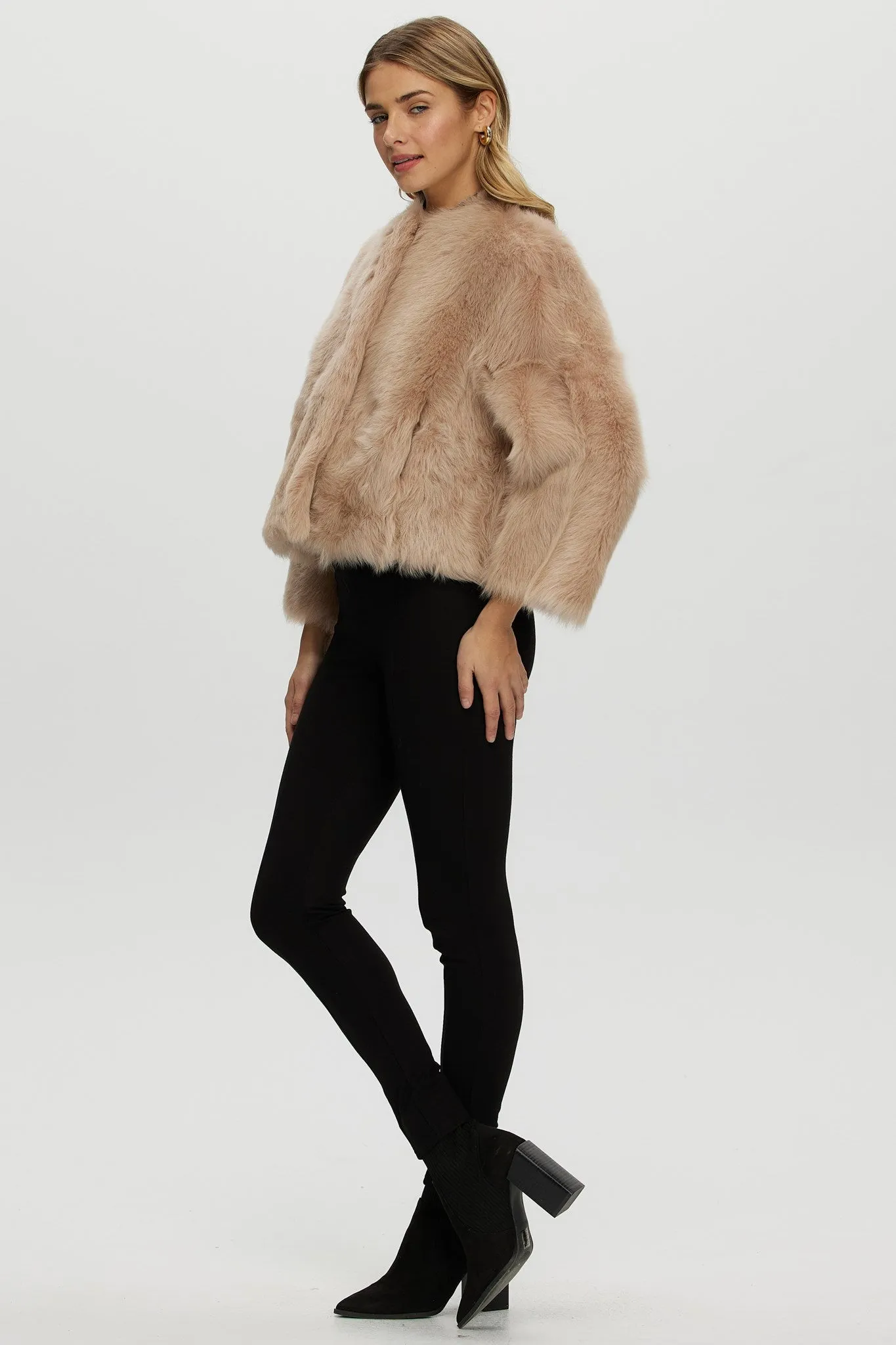 Reversible Collarless Toscana Shearling Lamb Jacket with 3/4 Sleeves