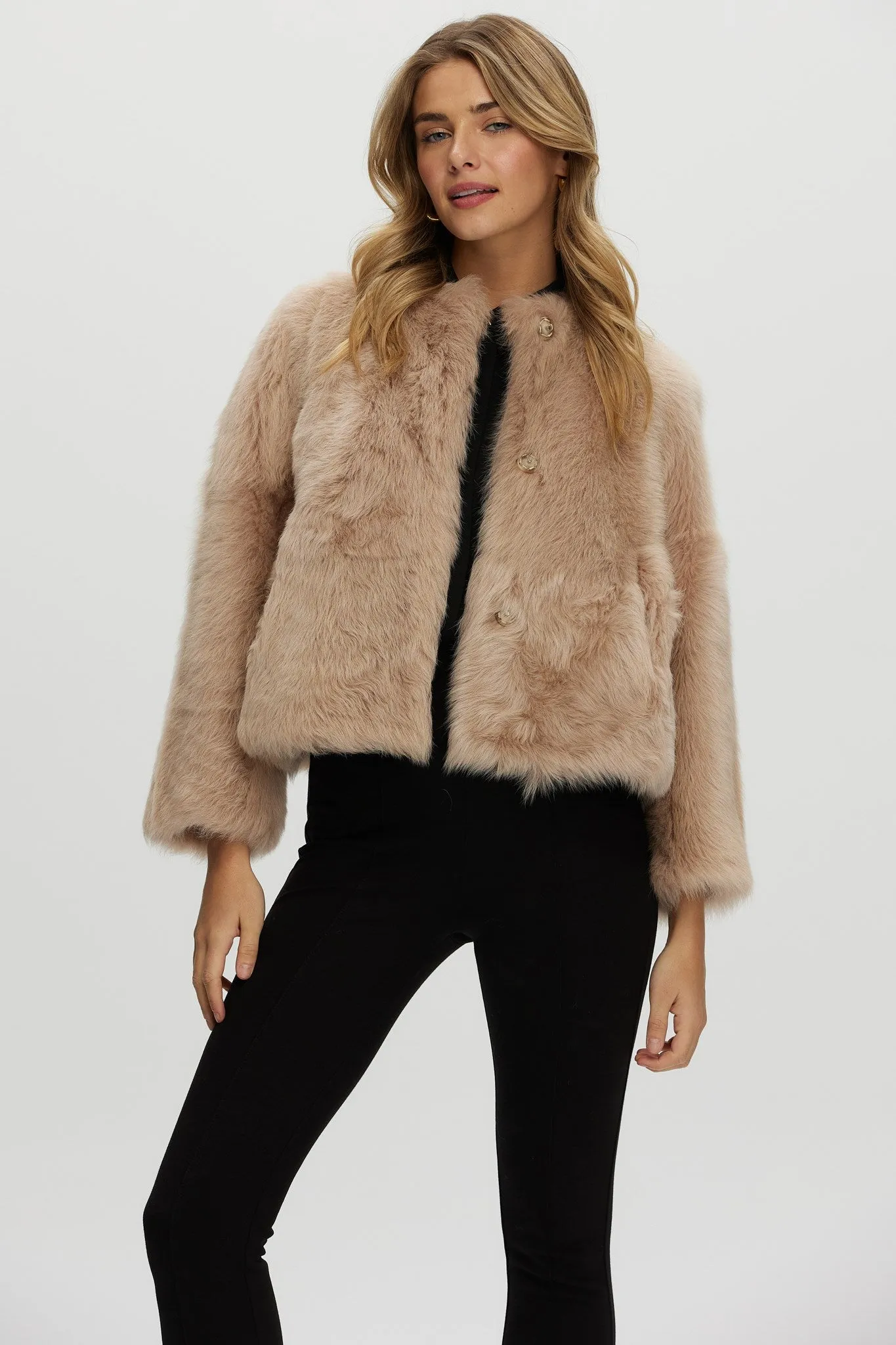 Reversible Collarless Toscana Shearling Lamb Jacket with 3/4 Sleeves