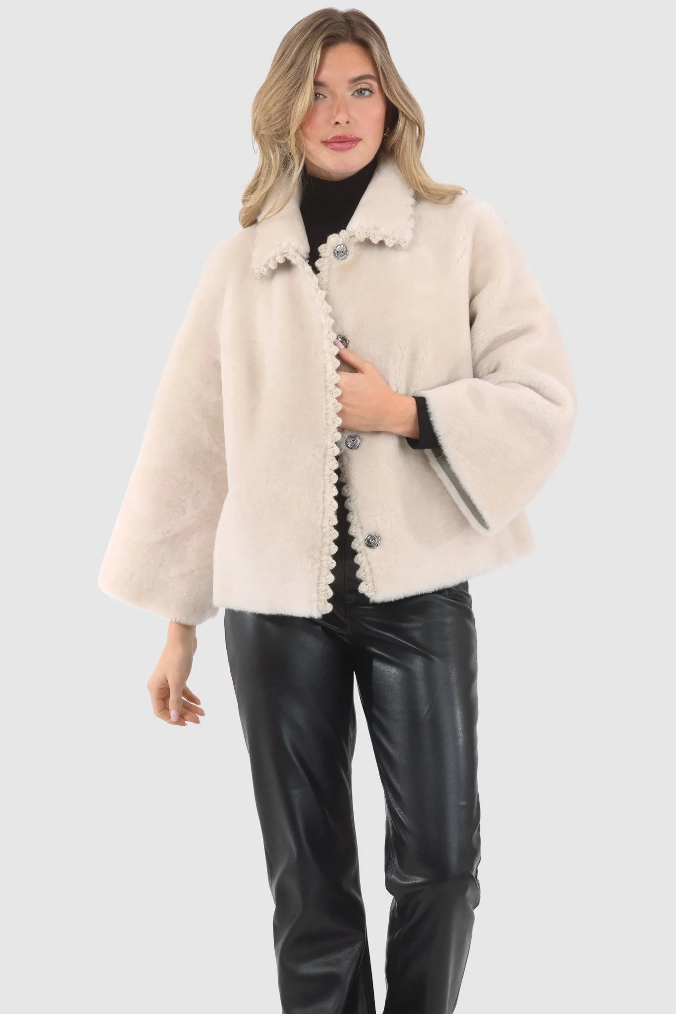 Reversible Select Shearling Jacket with Embroiderd Trim