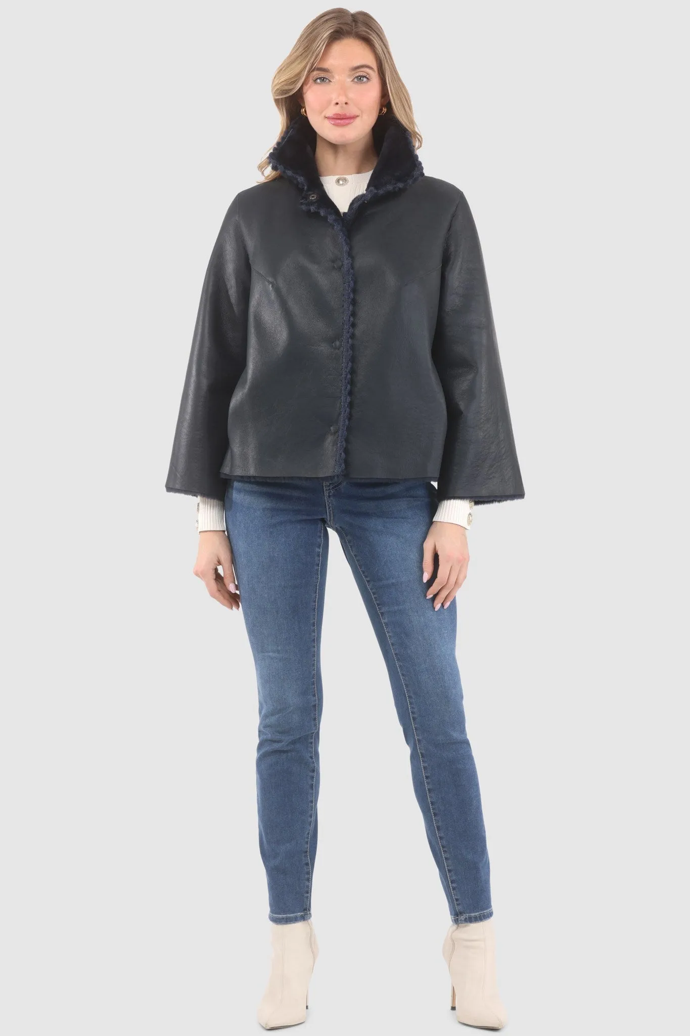 Reversible Select Shearling Jacket with Embroiderd Trim