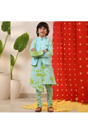 Sea Green Printed Asymmetrical Kurta With Jacket Set