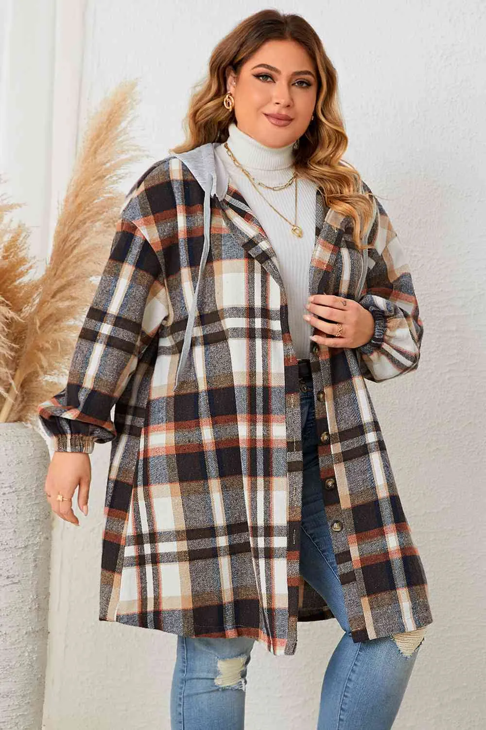 Selfie Sunday Plus Size Plaid Drop Shoulder Hooded Coat