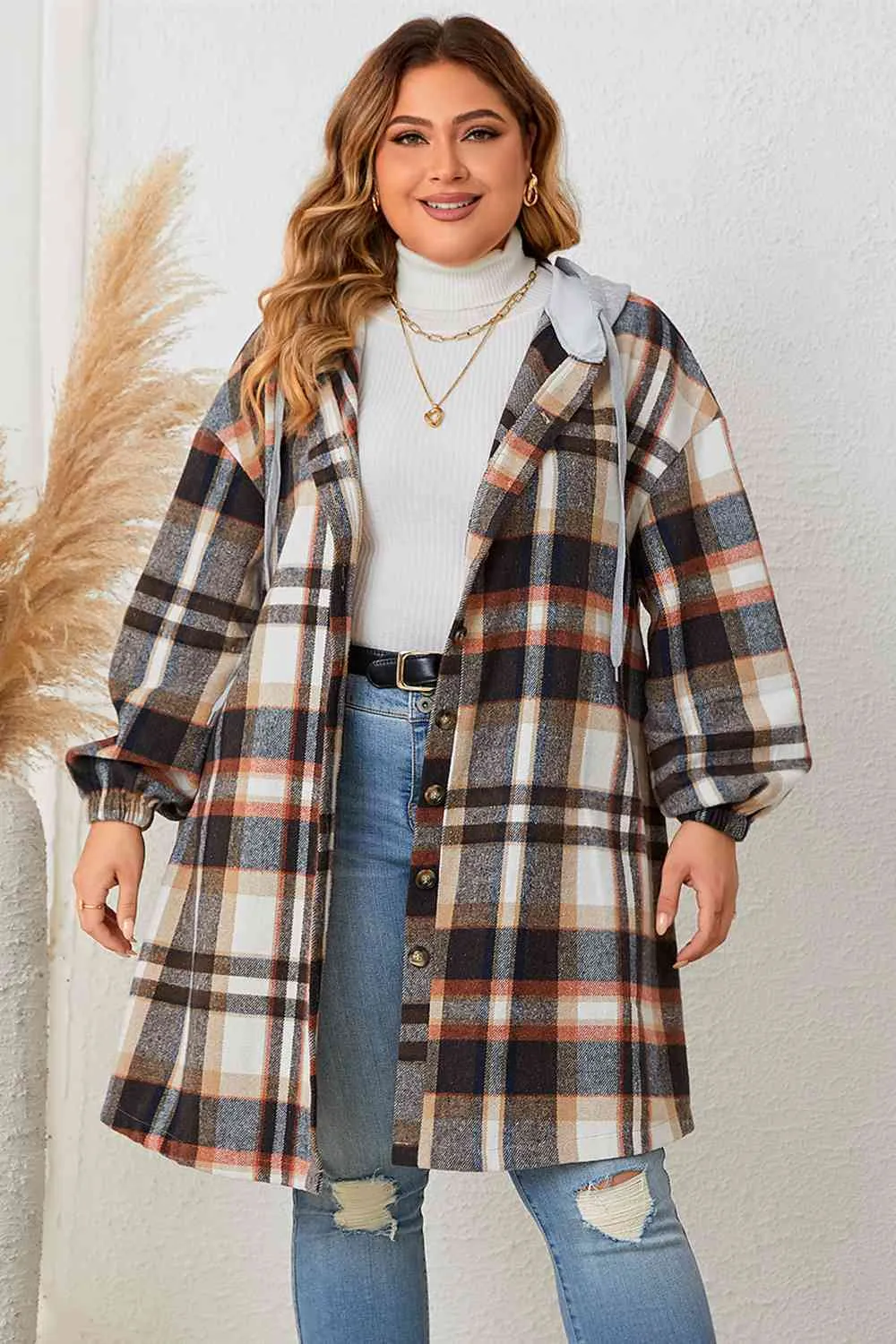 Selfie Sunday Plus Size Plaid Drop Shoulder Hooded Coat