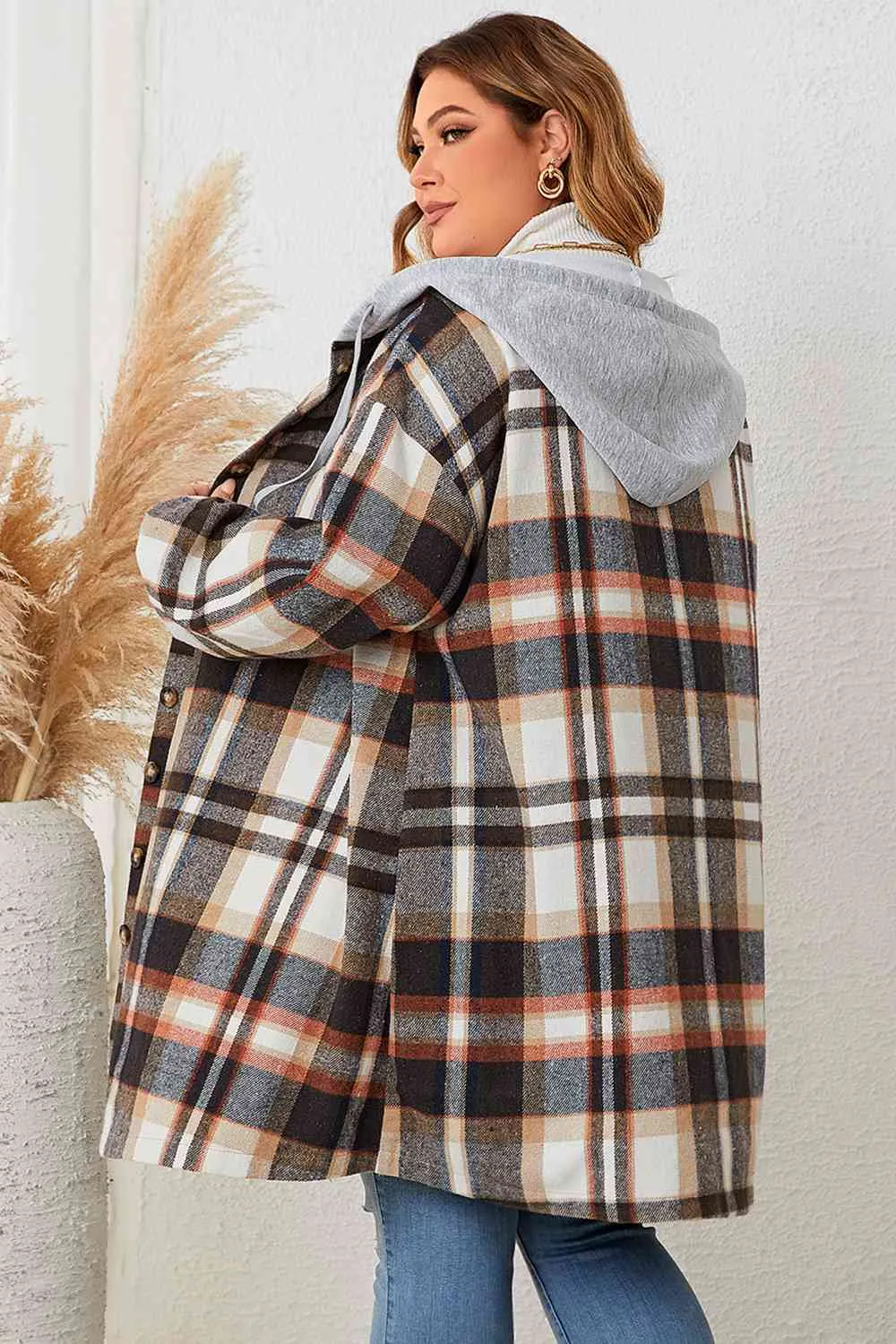 Selfie Sunday Plus Size Plaid Drop Shoulder Hooded Coat