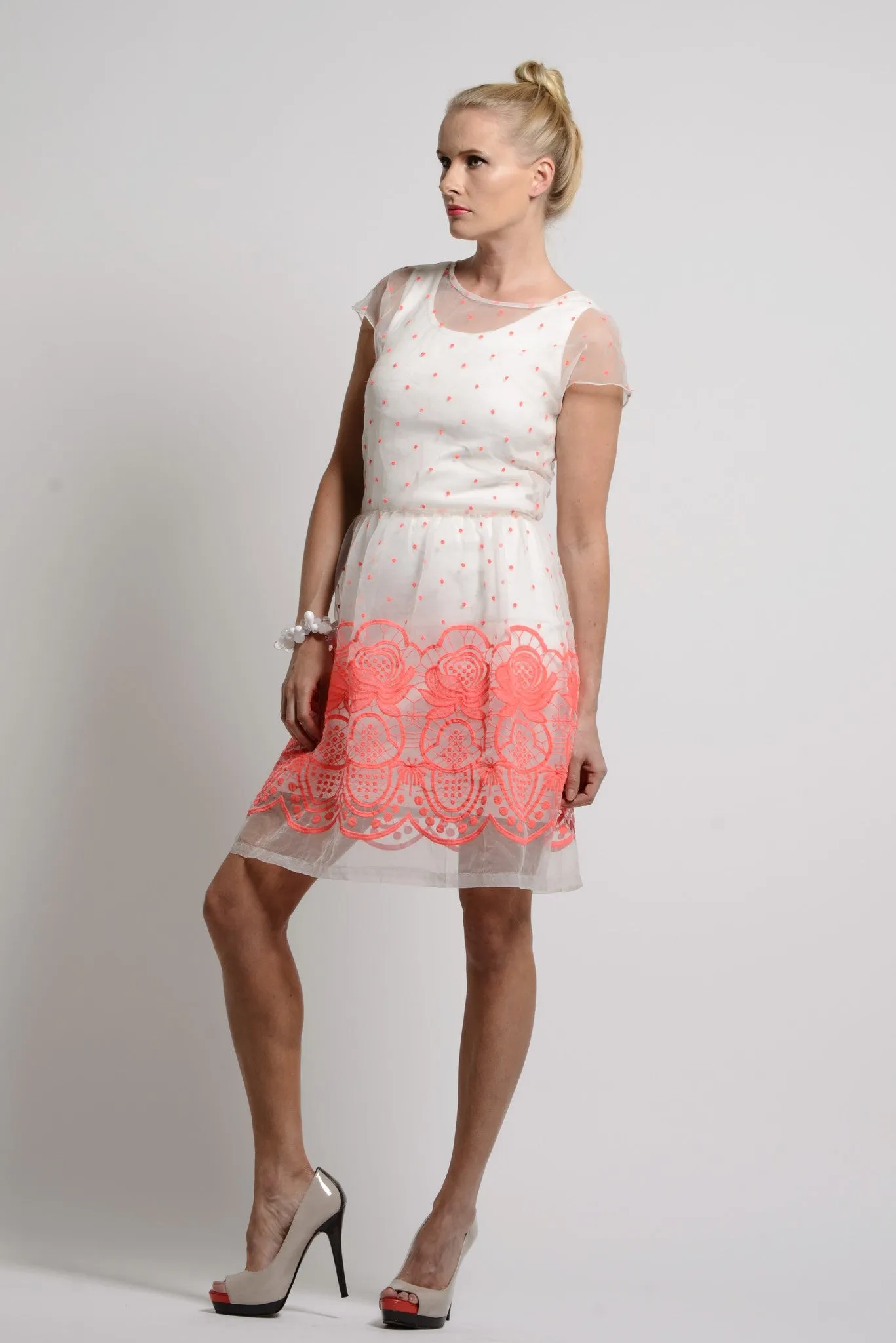 Sheer neon thread embroidered dots & hem dress