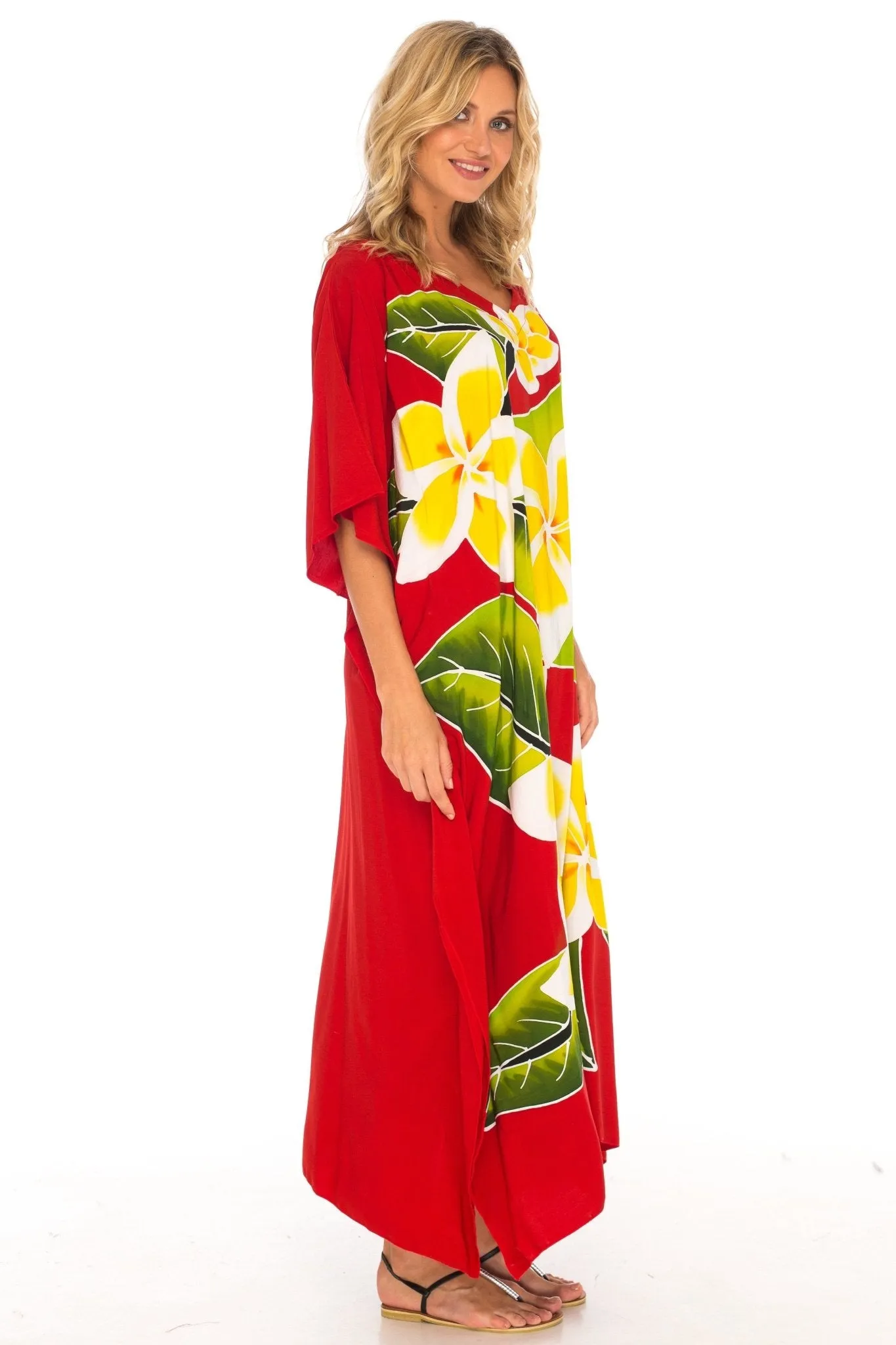 SHU-SHI Women's Handpainted Floral Kaftan Dress - Loose Maxi Beach Cover-Up, Plus Size Caftan