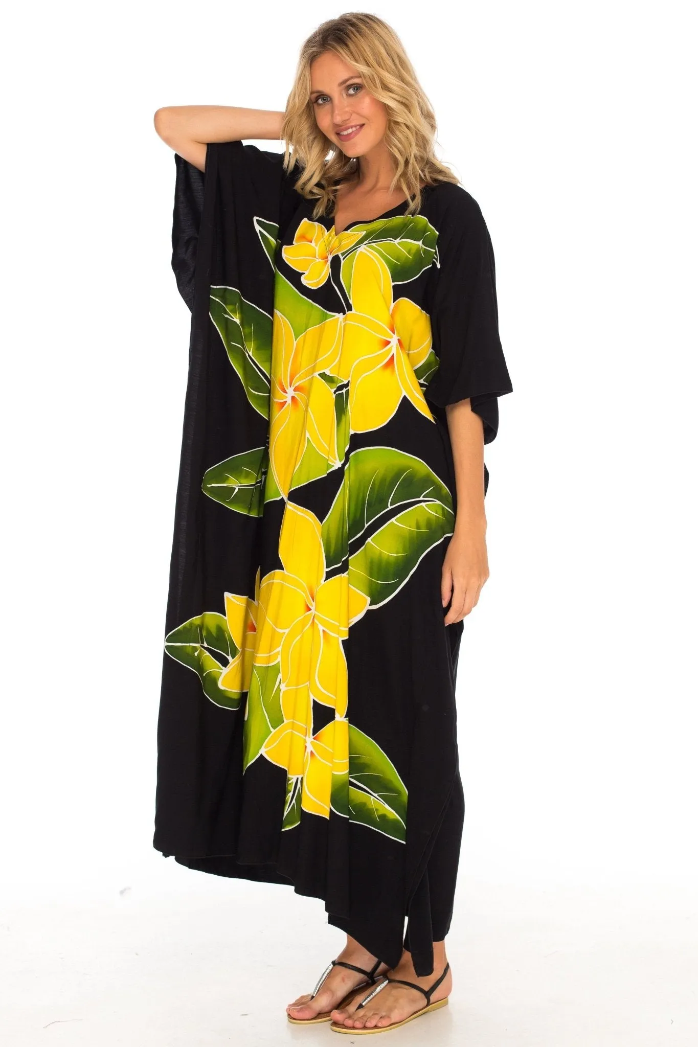 SHU-SHI Women's Handpainted Floral Kaftan Dress - Loose Maxi Beach Cover-Up, Plus Size Caftan