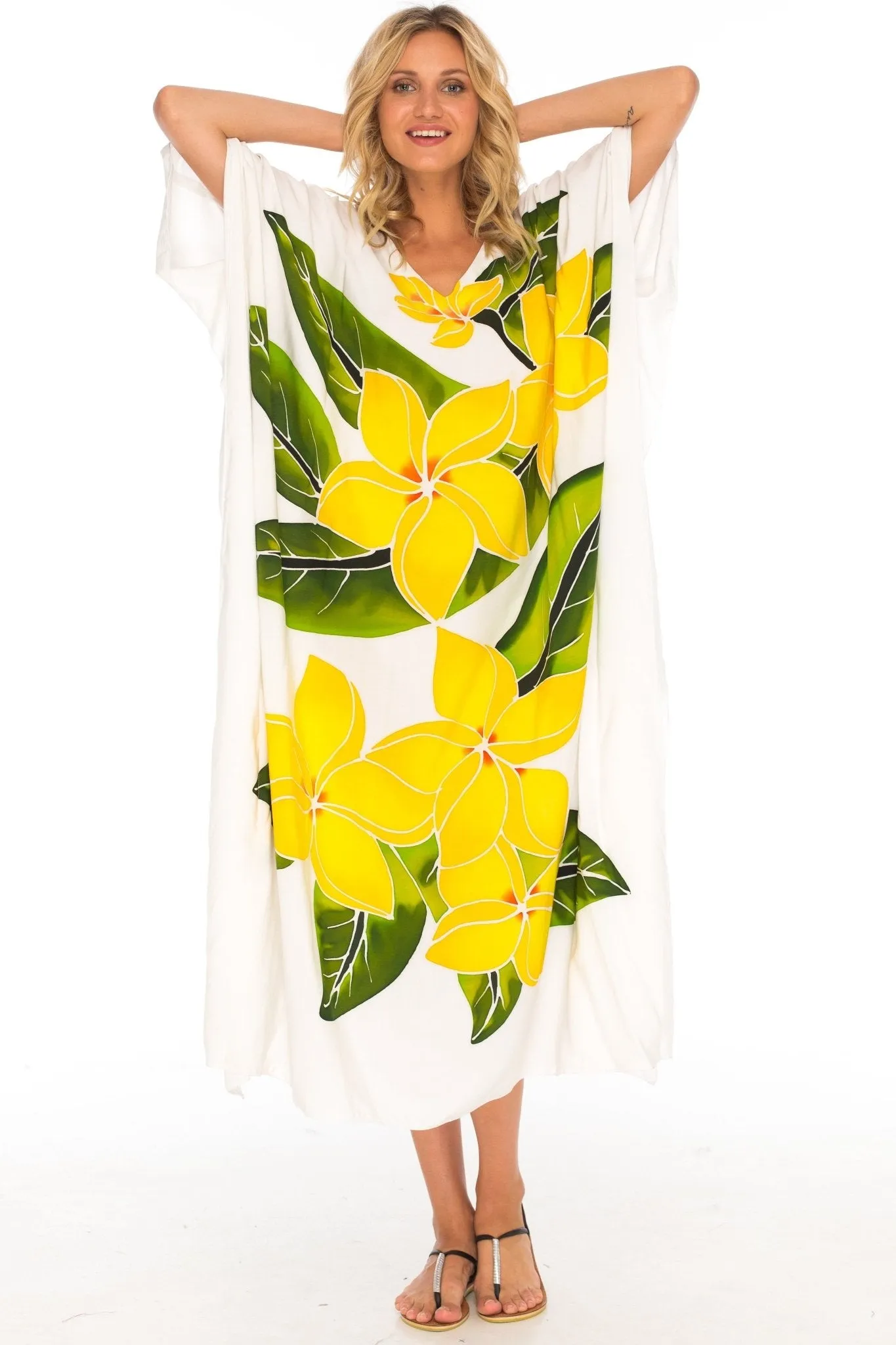 SHU-SHI Women's Handpainted Floral Kaftan Dress - Loose Maxi Beach Cover-Up, Plus Size Caftan