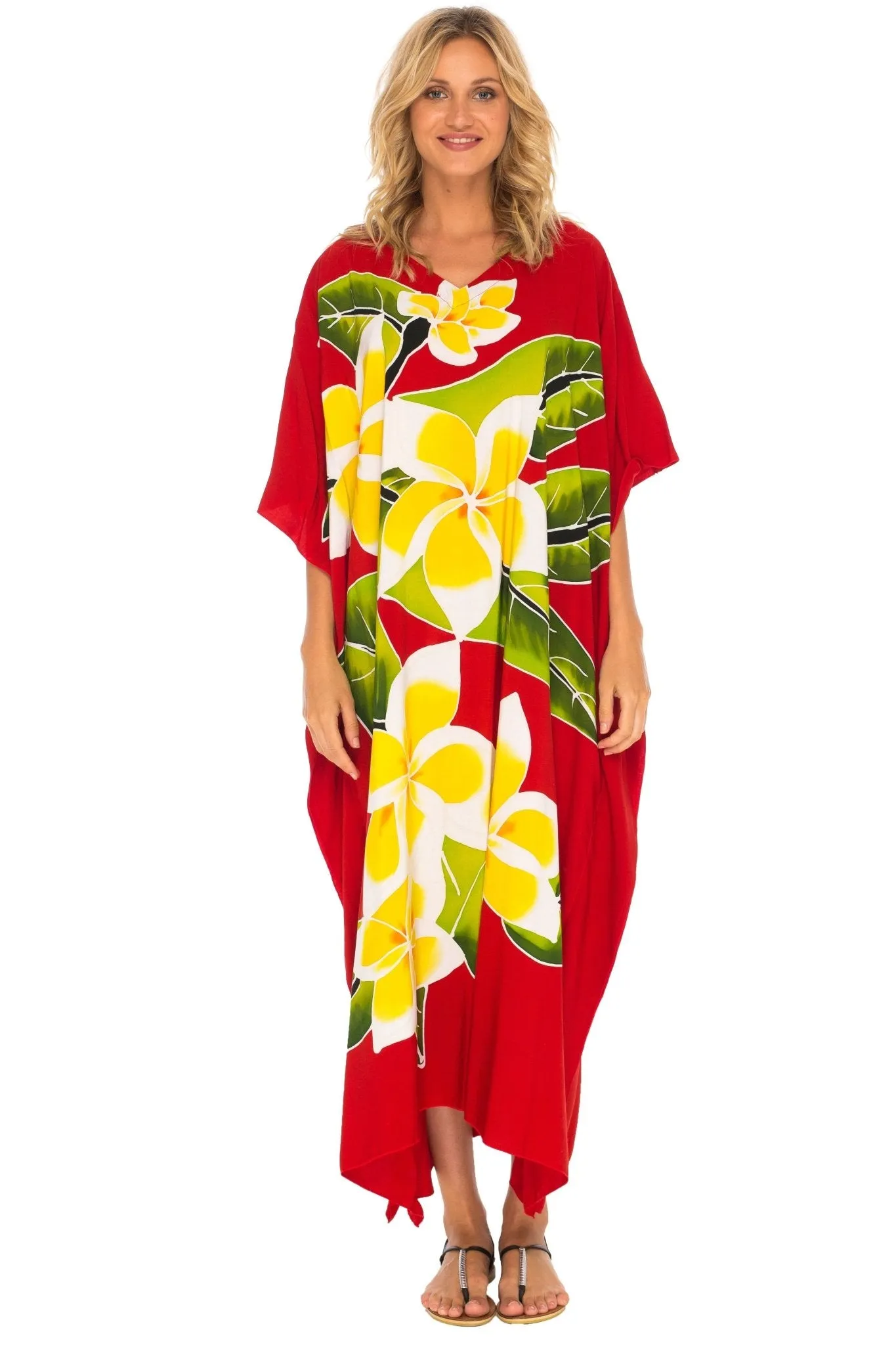 SHU-SHI Women's Handpainted Floral Kaftan Dress - Loose Maxi Beach Cover-Up, Plus Size Caftan