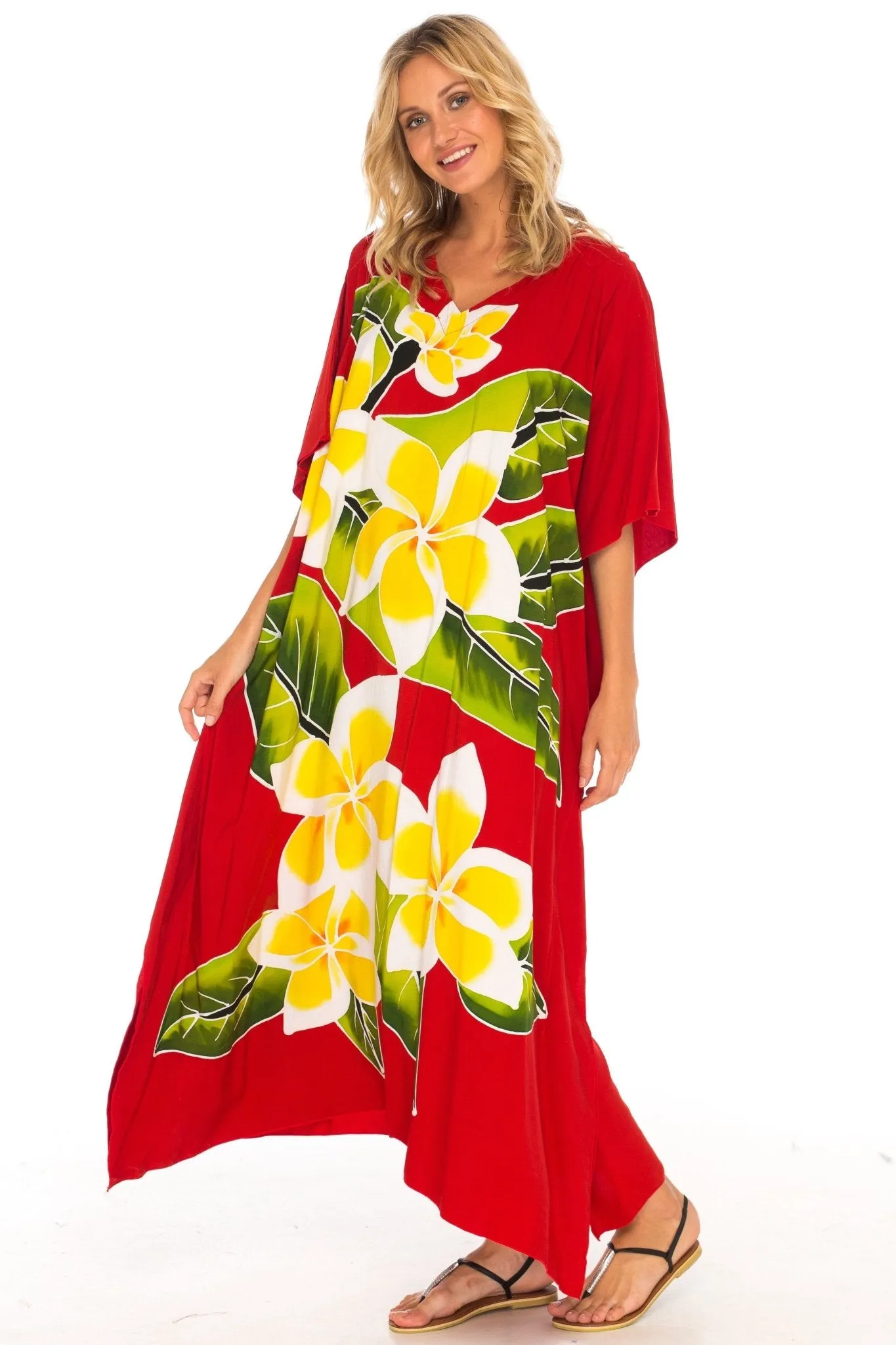 SHU-SHI Women's Handpainted Floral Kaftan Dress - Loose Maxi Beach Cover-Up, Plus Size Caftan