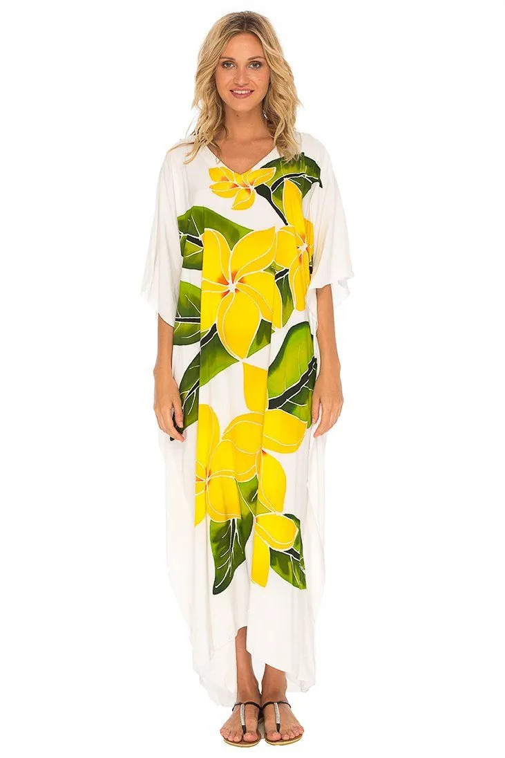 SHU-SHI Women's Handpainted Floral Kaftan Dress - Loose Maxi Beach Cover-Up, Plus Size Caftan