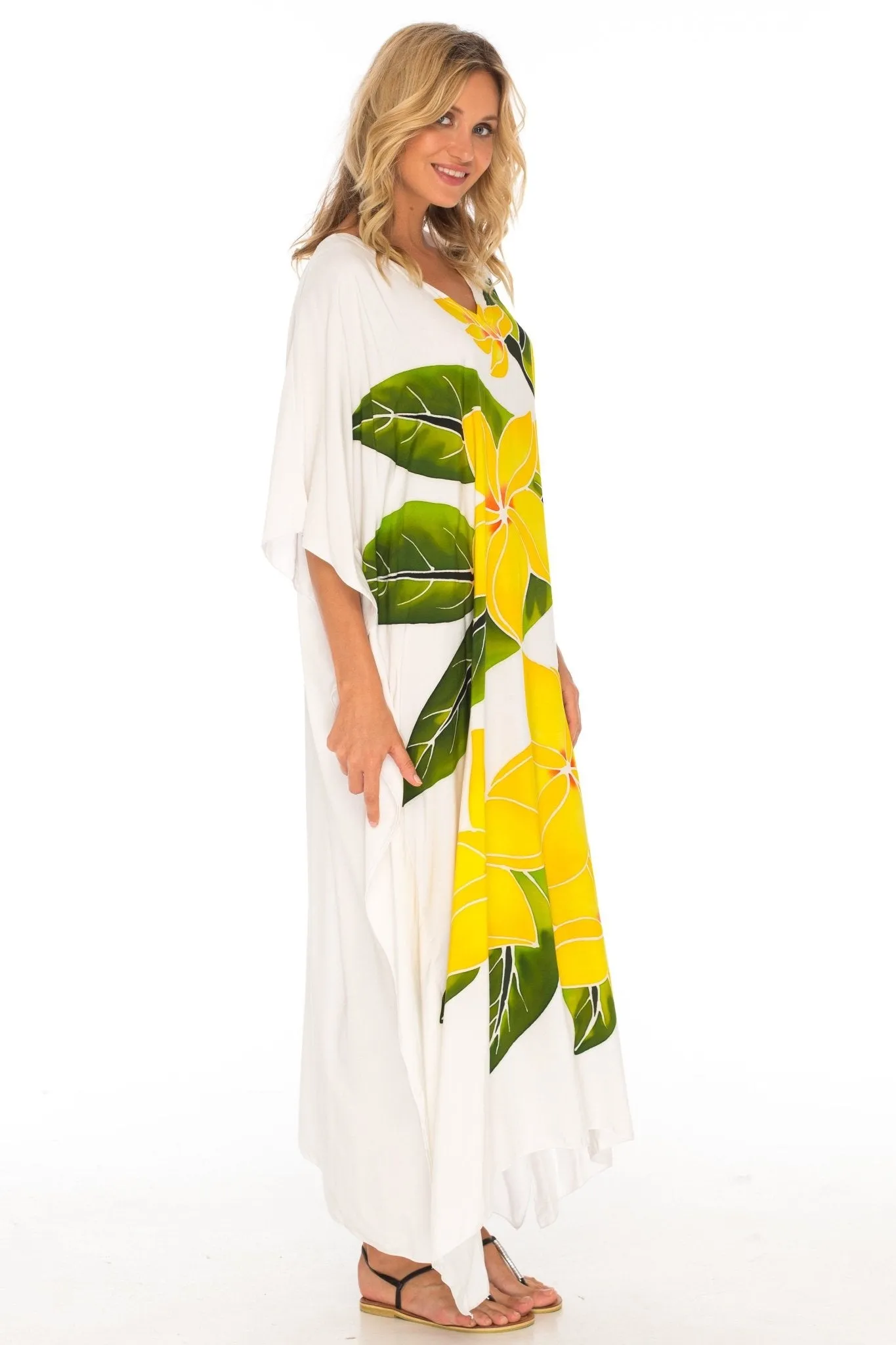 SHU-SHI Women's Handpainted Floral Kaftan Dress - Loose Maxi Beach Cover-Up, Plus Size Caftan