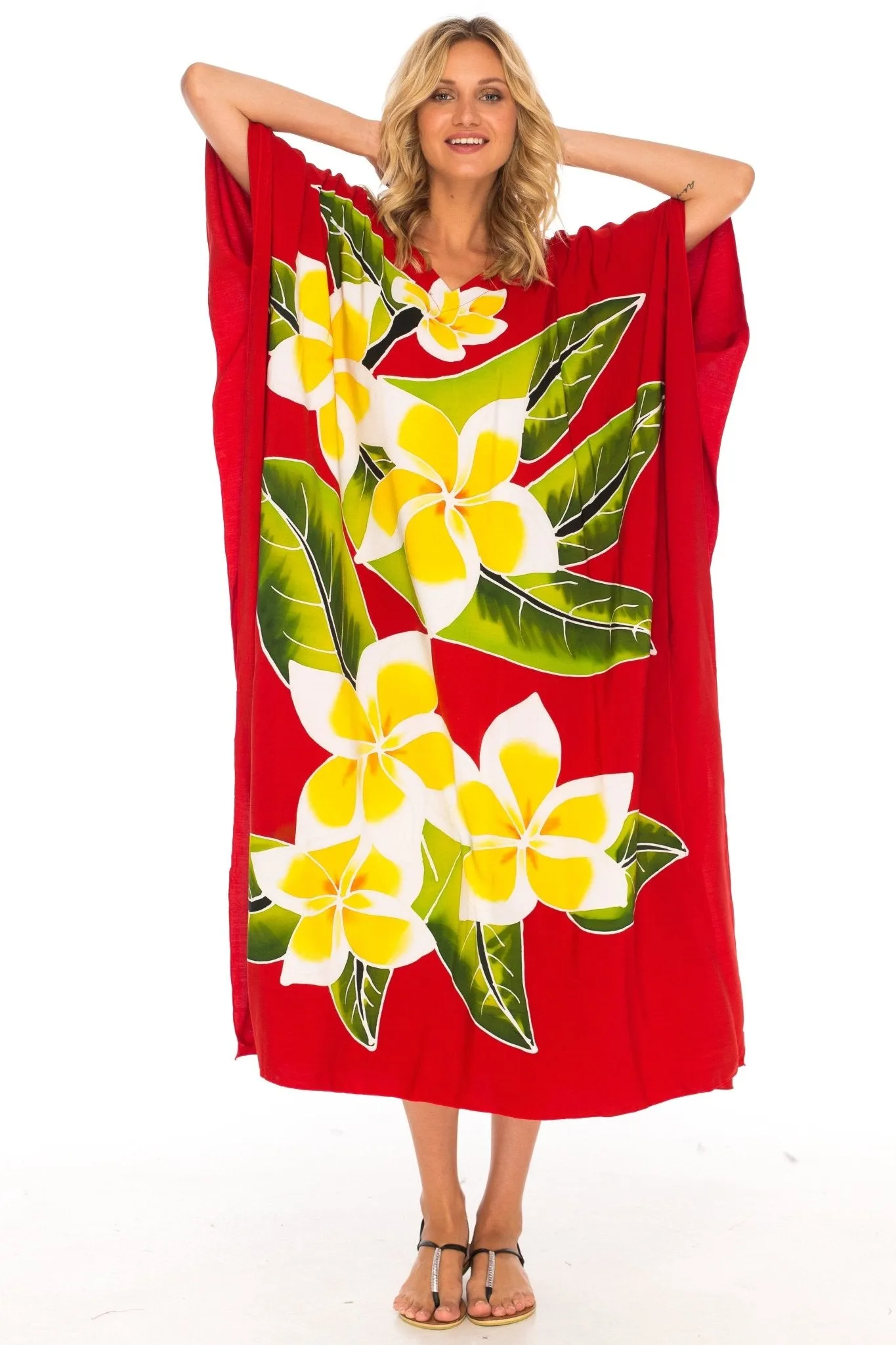 SHU-SHI Women's Handpainted Floral Kaftan Dress - Loose Maxi Beach Cover-Up, Plus Size Caftan