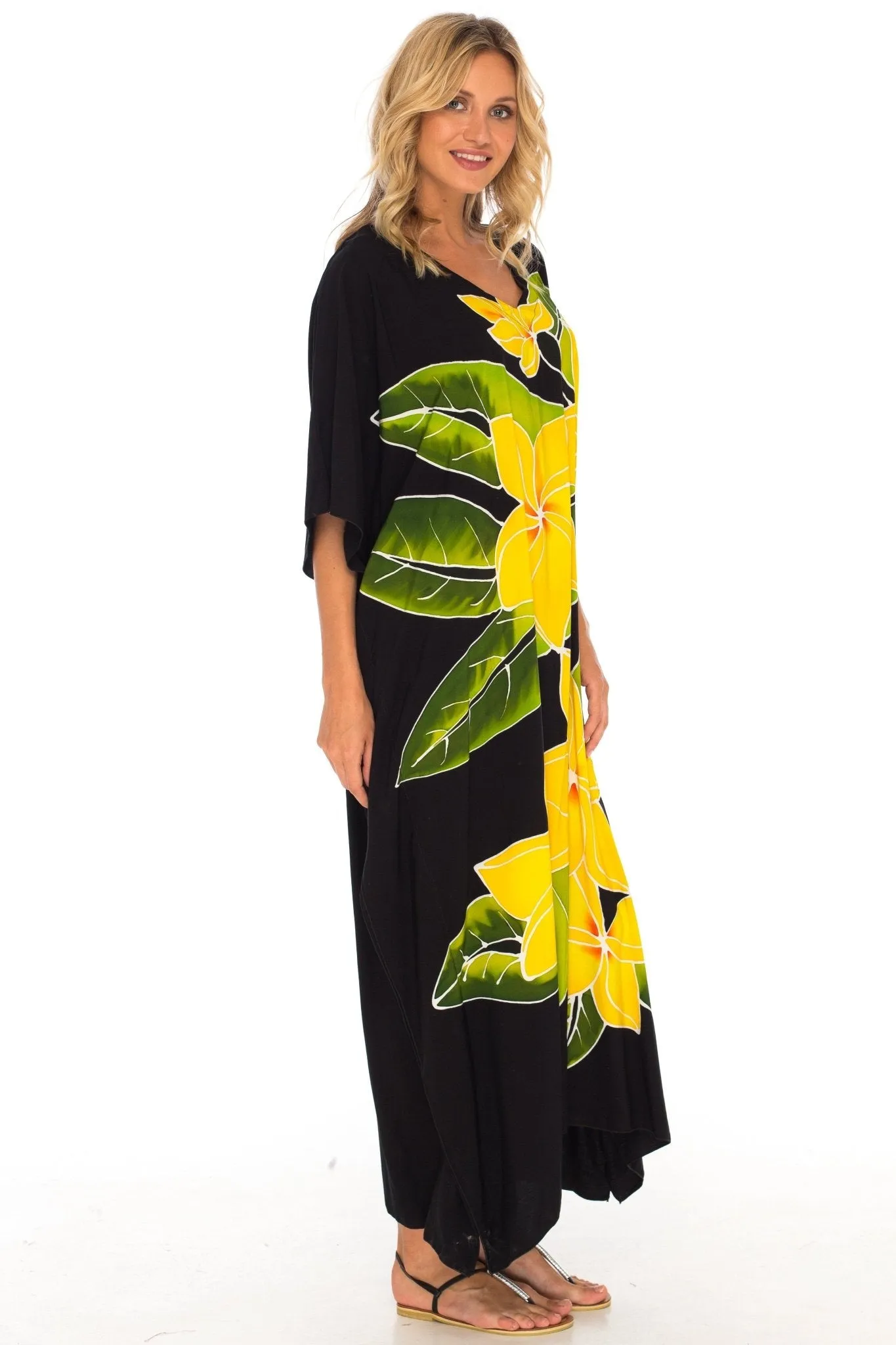 SHU-SHI Women's Handpainted Floral Kaftan Dress - Loose Maxi Beach Cover-Up, Plus Size Caftan