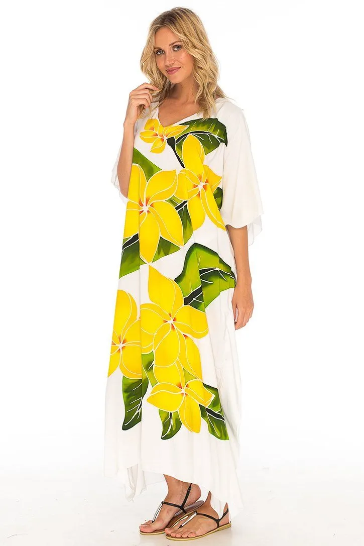 SHU-SHI Women's Handpainted Floral Kaftan Dress - Loose Maxi Beach Cover-Up, Plus Size Caftan