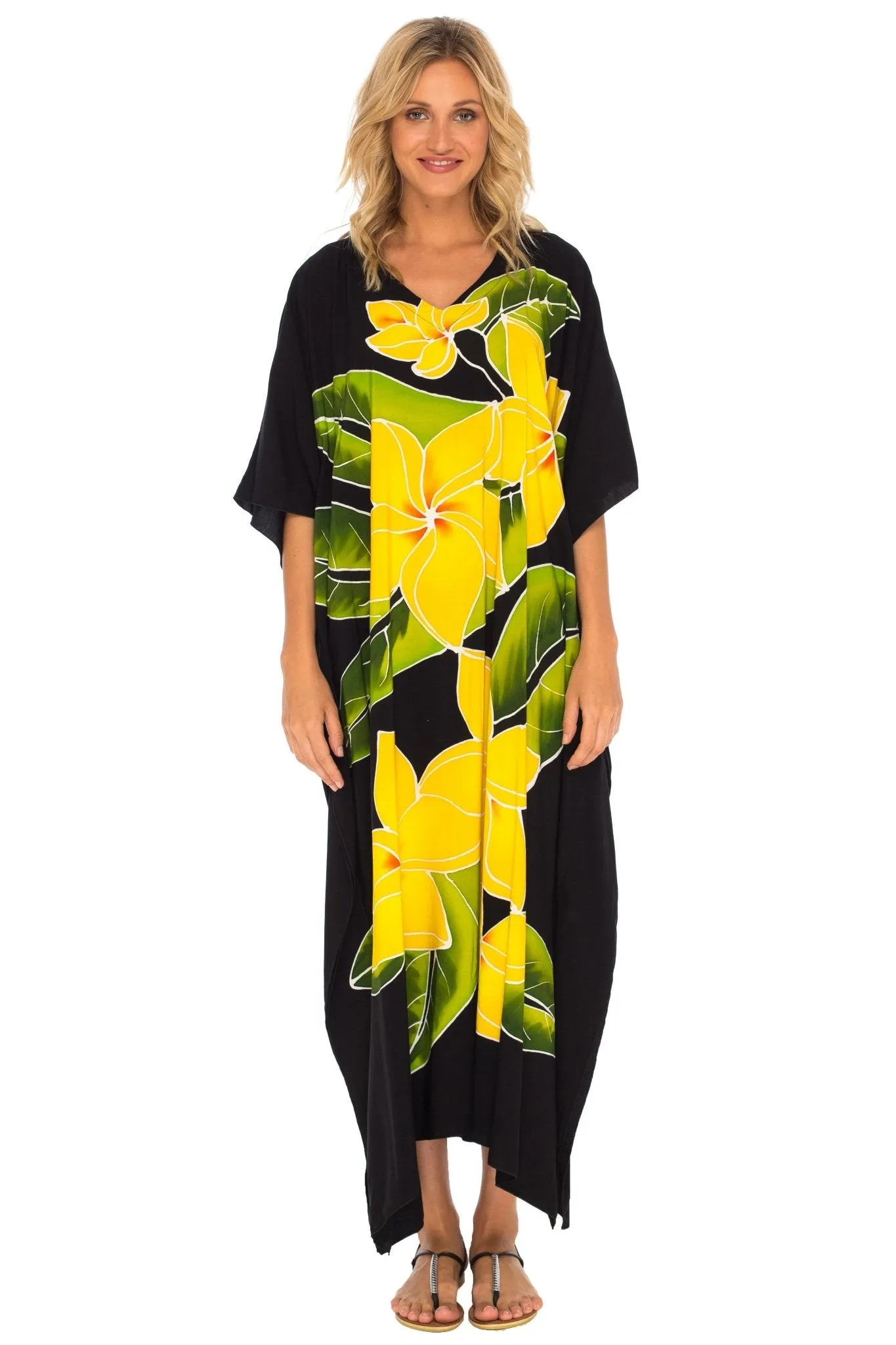 SHU-SHI Women's Handpainted Floral Kaftan Dress - Loose Maxi Beach Cover-Up, Plus Size Caftan